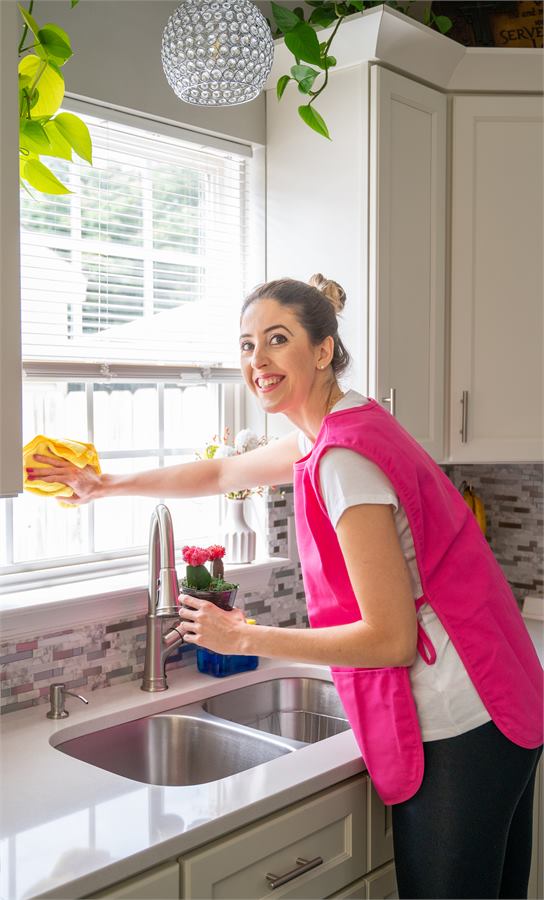 Pro Shine team member cleaning a kitchen window above the sink